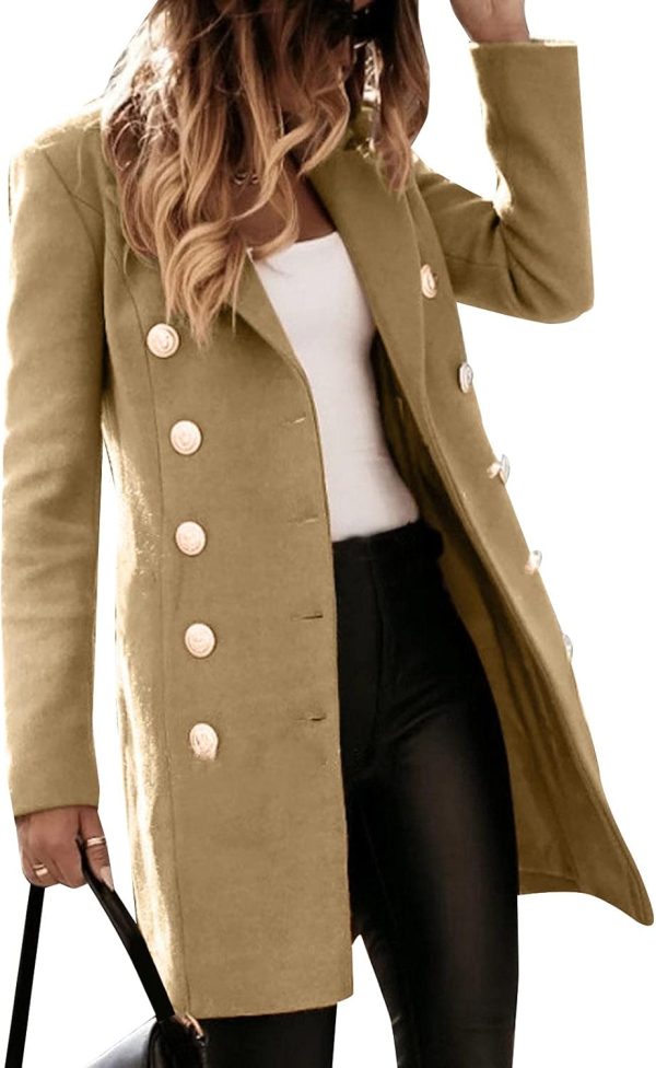 IQYU Damesmantel winterwol: trenchcoat dames beige lange winterjas lange winterjas lange mouwen revers wollen jas elegant windjack herfst caban warm wollen jas slim fit korte jas met knoop dufflecoat - Afbeelding 3