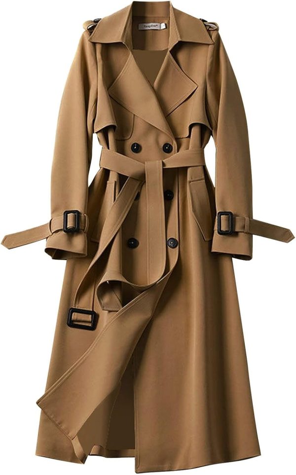 Women's Long Coat with Belt with Pockets Windproof Elegant Knee-Length Trench Coat Winter Jacket Transition Jacket Fashion Wind Jacket