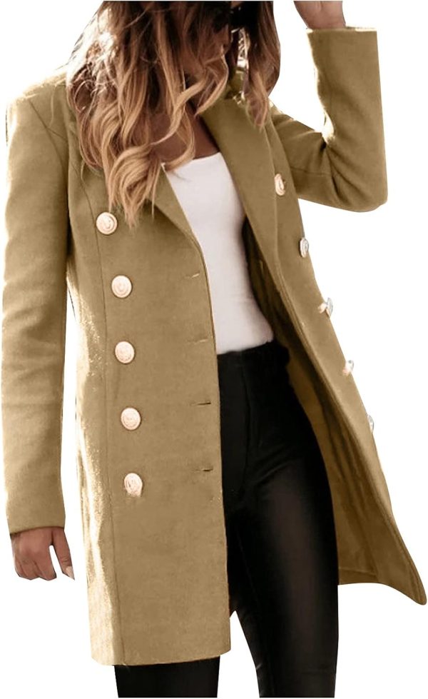 IQYU Damesmantel winterwol: trenchcoat dames beige lange winterjas lange winterjas lange mouwen revers wollen jas elegant windjack herfst caban warm wollen jas slim fit korte jas met knoop dufflecoat