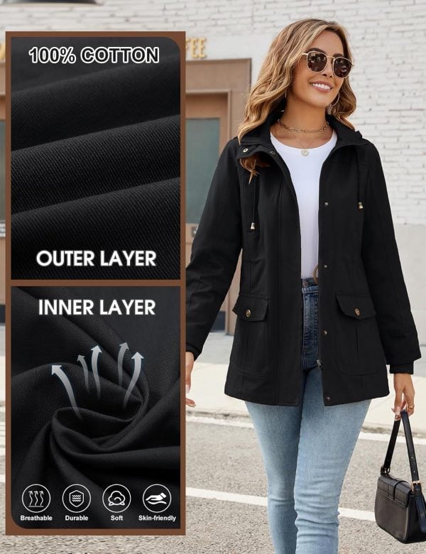 Vancavoo Overgangsjas voor dames, outdoor, korte jas, lente, elegant, voorjaarsjas, lichte gevoerde winterjas, katoenen parka met capuchon met trekkoord, voor lente, zomer, herfst - Afbeelding 5