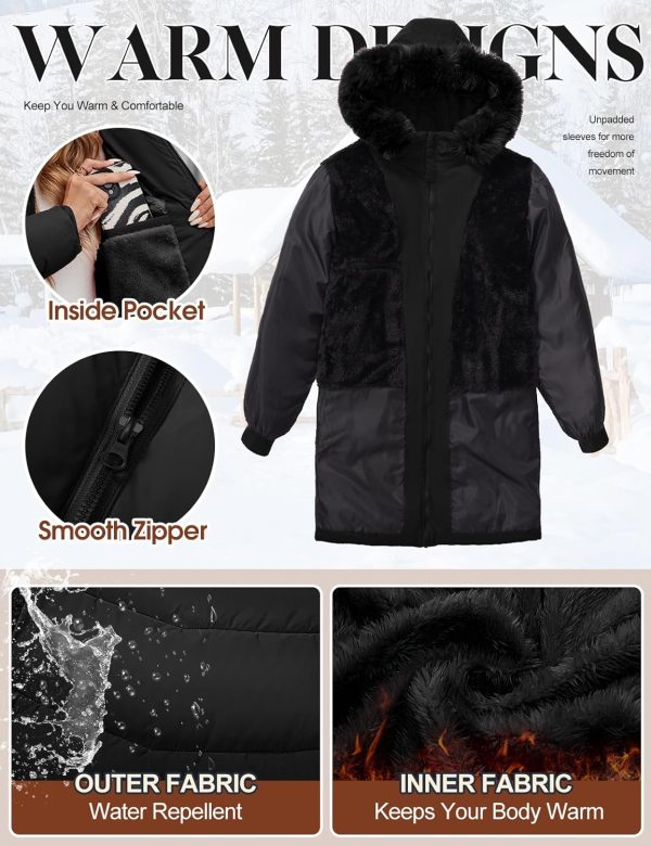 Tuopuda Parka met capuchon voor dames, dikke gewatteerde gewatteerde pufferjas, warme lange jas met bontcapuchon, warme buitenkleding, outdoor, skiën, snowboarden jas - Afbeelding 4