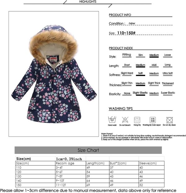 Haokaini Winter warm jacket for 3-12 years baby girl boy floral hooded windproof jacket with faux fur cotton parka quilted overcoat - Afbeelding 7