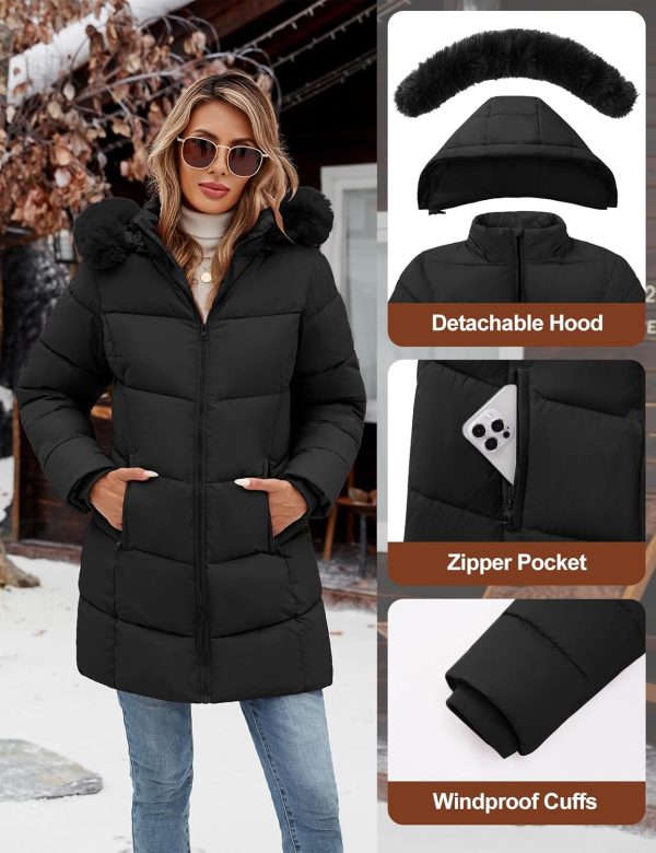 Tuopuda Parka met capuchon voor dames, dikke gewatteerde gewatteerde pufferjas, warme lange jas met bontcapuchon, warme buitenkleding, outdoor, skiën, snowboarden jas - Afbeelding 3