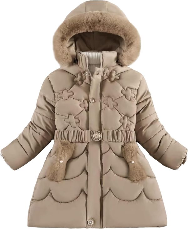SEAUR Winterjas voor kinderen, meisjes, warme fleece mantel, verdikt gevoerde jas, outdoor, parka met riem en afneembare capuchon, EU 110-146