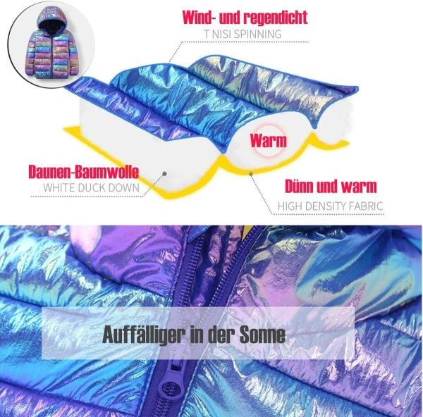 linboo Winterjas voor kinderen, voor meisjes, lichte jas met capuchon, gewatteerde jas, kleurrijke katoenen jas, jongens, herfstjas - Afbeelding 4