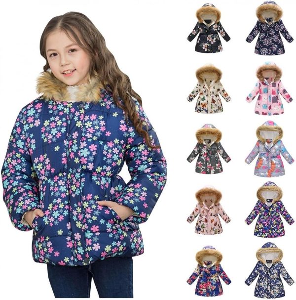 Haokaini Winter warm jacket for 3-12 years baby girl boy floral hooded windproof jacket with faux fur cotton parka quilted overcoat - Afbeelding 6