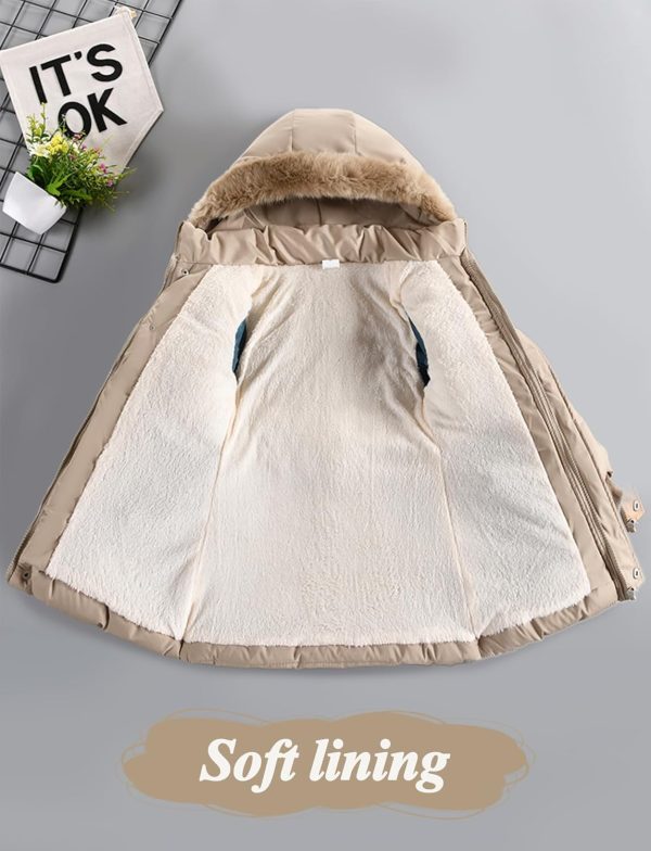 SEAUR Winterjas voor kinderen, meisjes, warme fleece mantel, verdikt gevoerde jas, outdoor, parka met riem en afneembare capuchon, EU 110-146 - Afbeelding 2