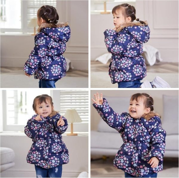 Haokaini Winter warm jacket for 3-12 years baby girl boy floral hooded windproof jacket with faux fur cotton parka quilted overcoat - Afbeelding 4