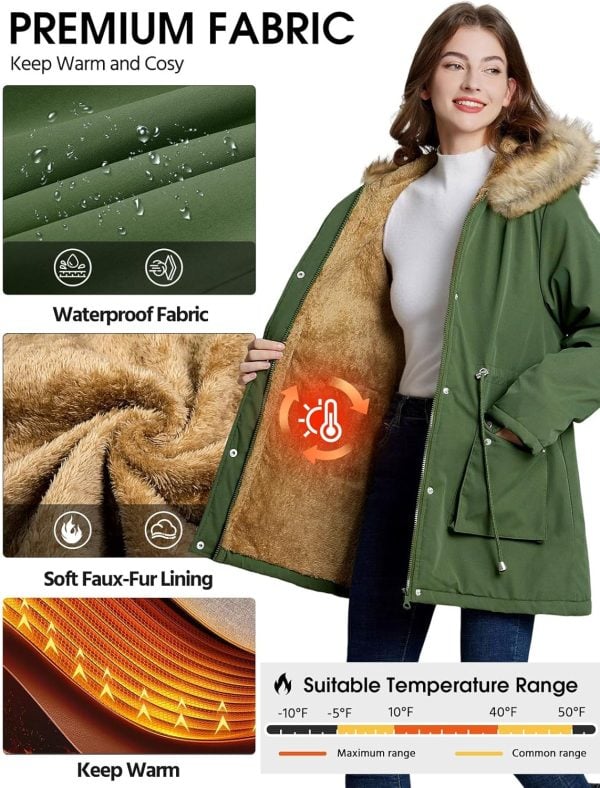 Lonya Women's Winter Parka Elegant Water-Repellent Trench Coat Long Jacket with Hood - Afbeelding 4