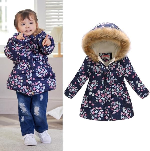 Haokaini Winter warm jacket for 3-12 years baby girl boy floral hooded windproof jacket with faux fur cotton parka quilted overcoat - Afbeelding 5