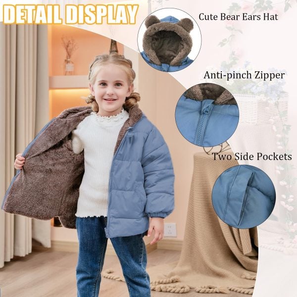 kids4ever Baby Jacket Boys Girls Cute Plush Bear Ears Winter Jacket Zip Hooded Jacket with Pockets 6 Months 5 Years - Afbeelding 3