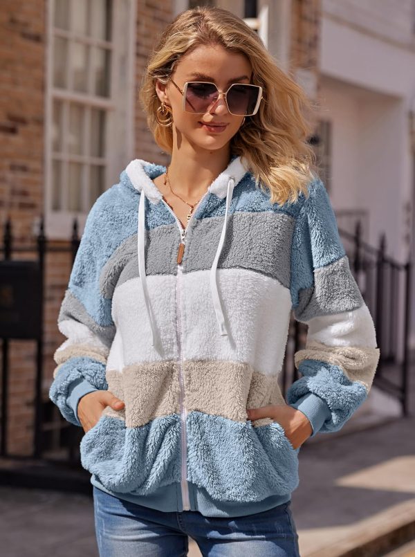 Livonmone Women's Fleece Jacket with Hood Teddy Fleece Warm Autumn Winter Jacket Stylish Zip Fur Coat Plush Jacket with Pockets - Afbeelding 3